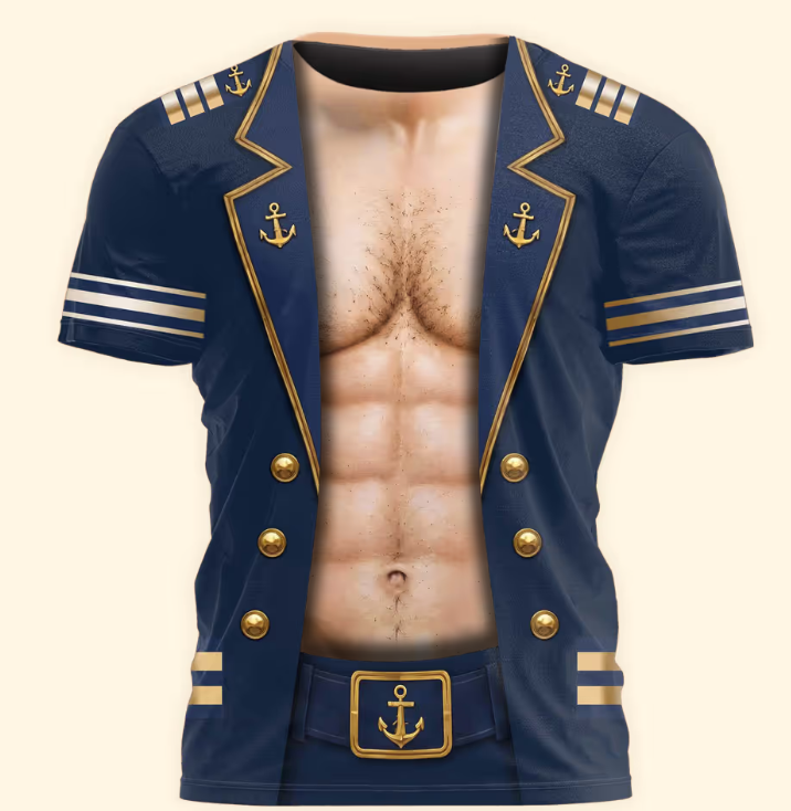 Men’s Funny 3D Captain Summer Party, Birthday, Bachelor Costume, Halloween Cosplay - Personalized Shirt
