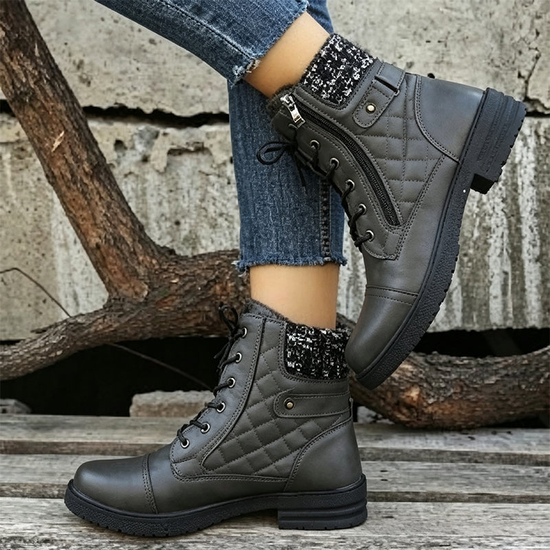 Women's Comfortable Fall & Winter Ankle Boots – Low Heel Lace-Up Boots with Side Zipper & Knit Collar