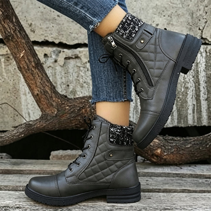 Women's Embroidered Plaid Ankle Boots – Low Heel Lace-Up Boots with Side Zipper & Knit Collar