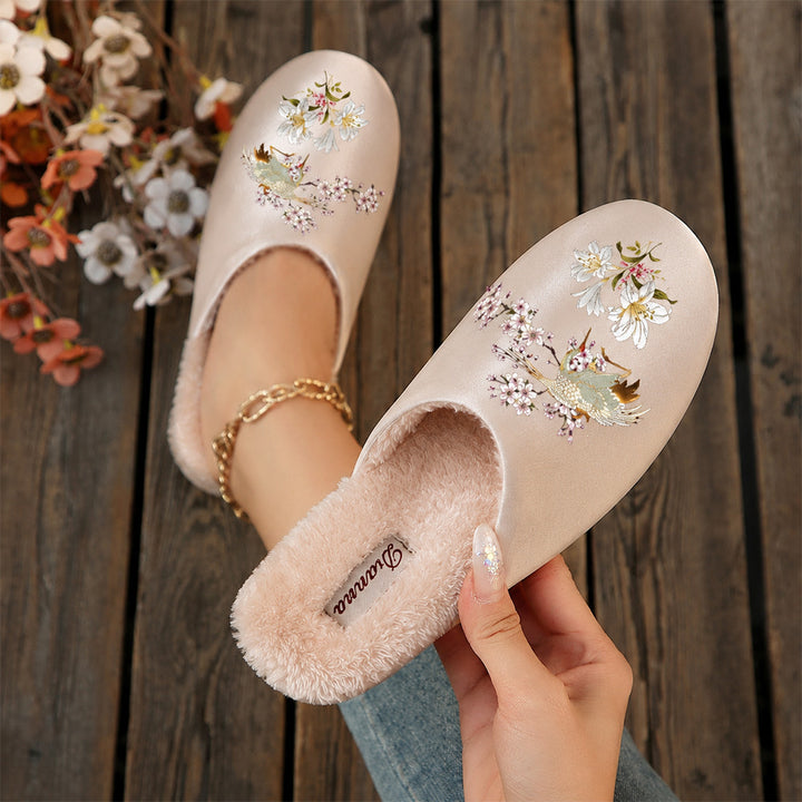 Women's Vintage Floral Slippers – Cozy Plush-Lined House Shoes with Bird & Flower Detail