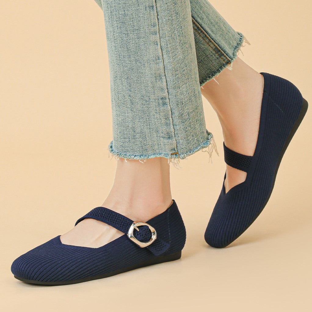 Women's Square-Toe Mary Jane Flats with Knit Upper – Soft, Comfortable Spring & Summer Shoes