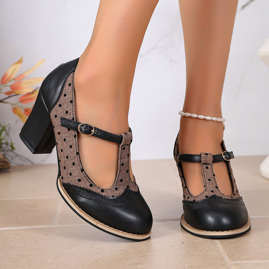 Women's Vintage Comfort Mary Jane Heels – Polka Dot Round Toe Chunky Heel Shoe