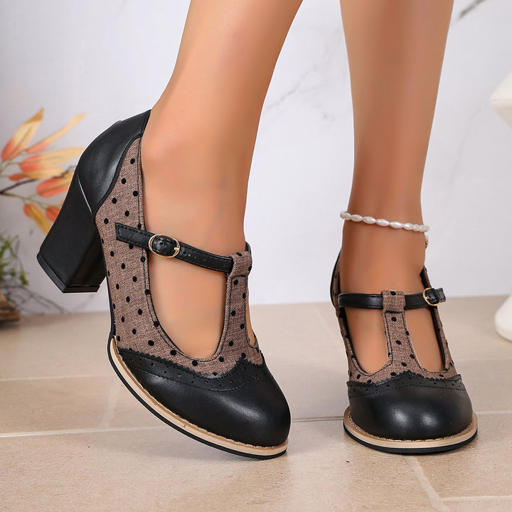 Women's Vintage Comfort Mary Jane Heels – Polka Dot Round Toe Chunky Heel Shoe