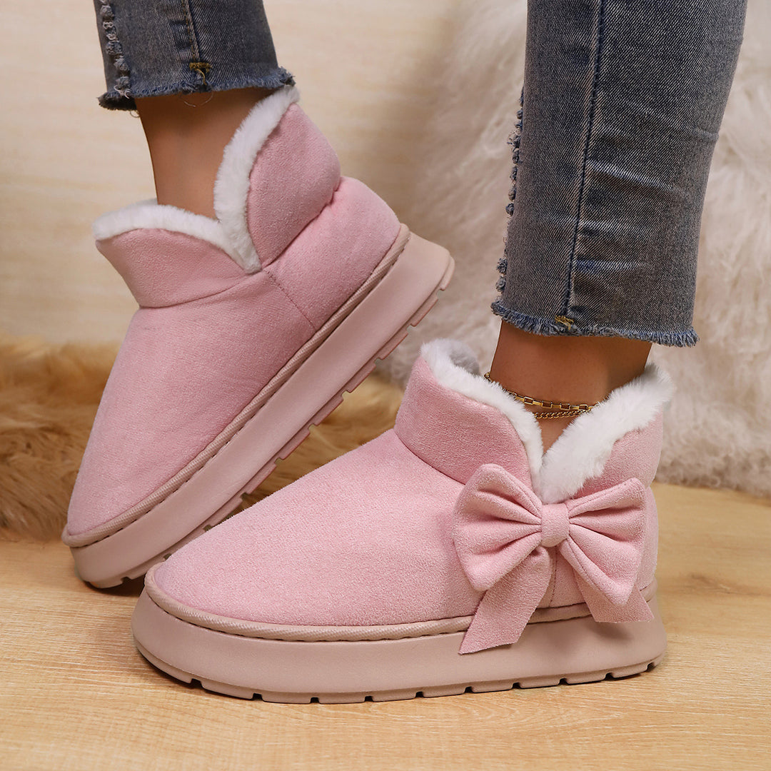 Women's Bow Ankle Boots – Warm Plush-Lined House Shoes for Fall & Winter