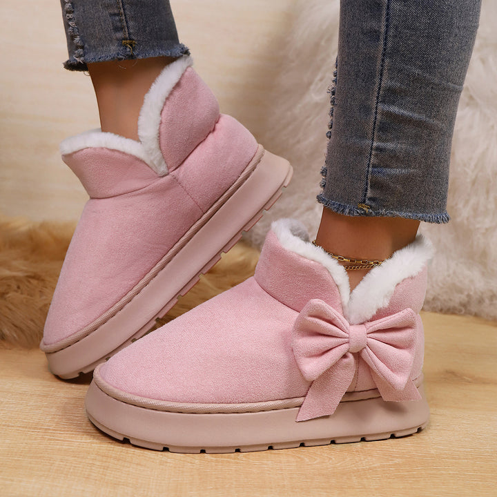 Women's Bow Ankle Boots – Warm Plush-Lined House Shoes for Fall & Winter