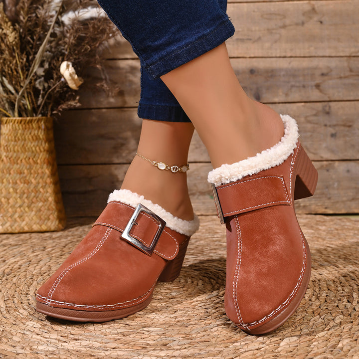 Women's Vintage Plush-Lined Mules – Cozy Slip-On Shoes for Fall & Winter