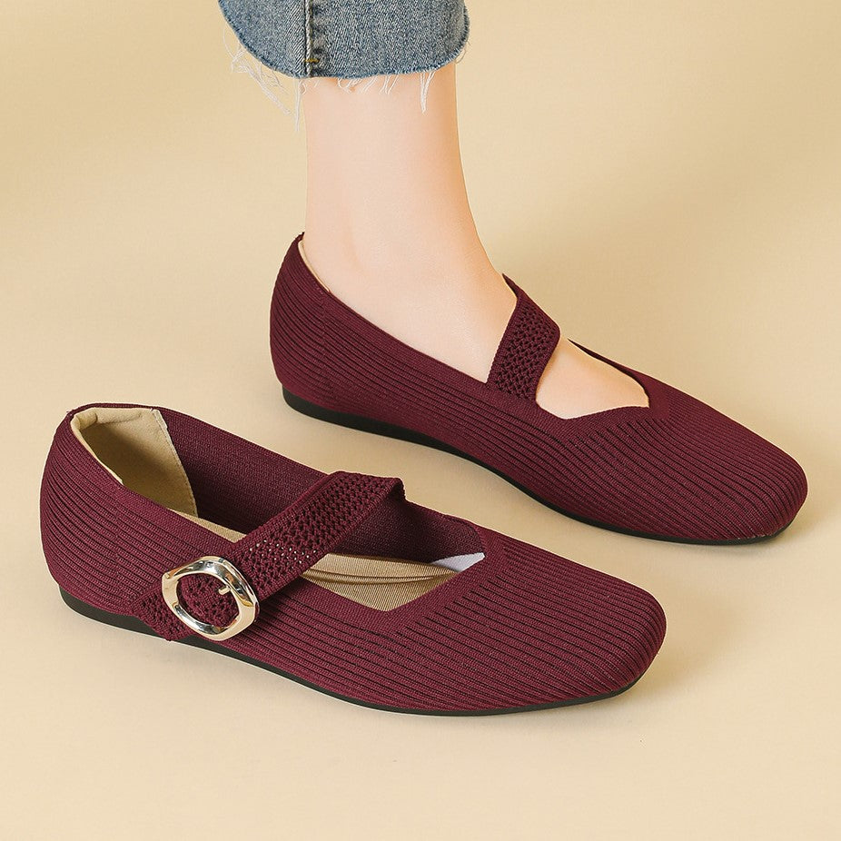 Women's Square-Toe Mary Jane Flats with Knit Upper – Soft, Comfortable Spring & Summer Shoes
