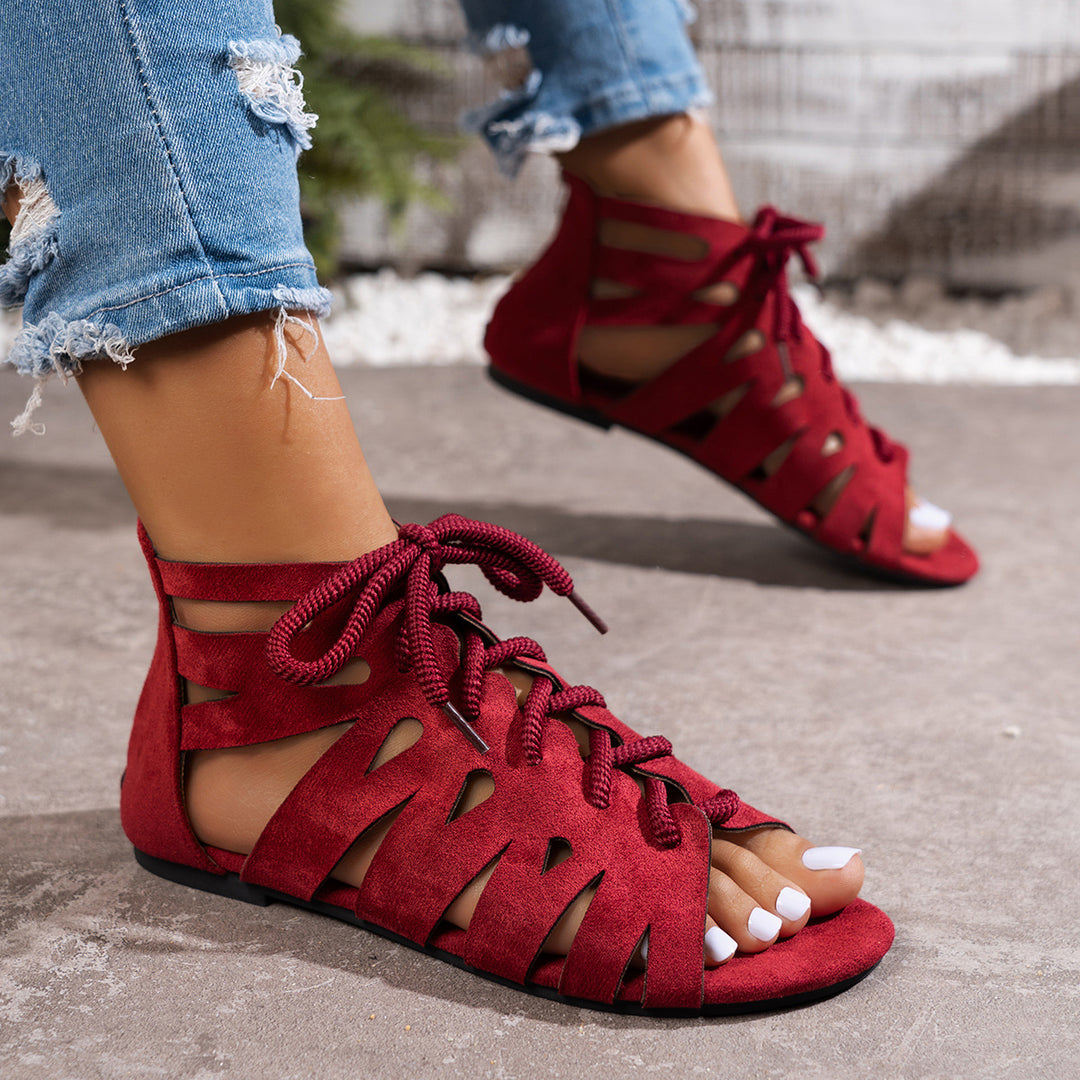 Women's Vintage Cutout Lace-Up Sandals– Breathable Cutout Design with Comfortable Flat Sole