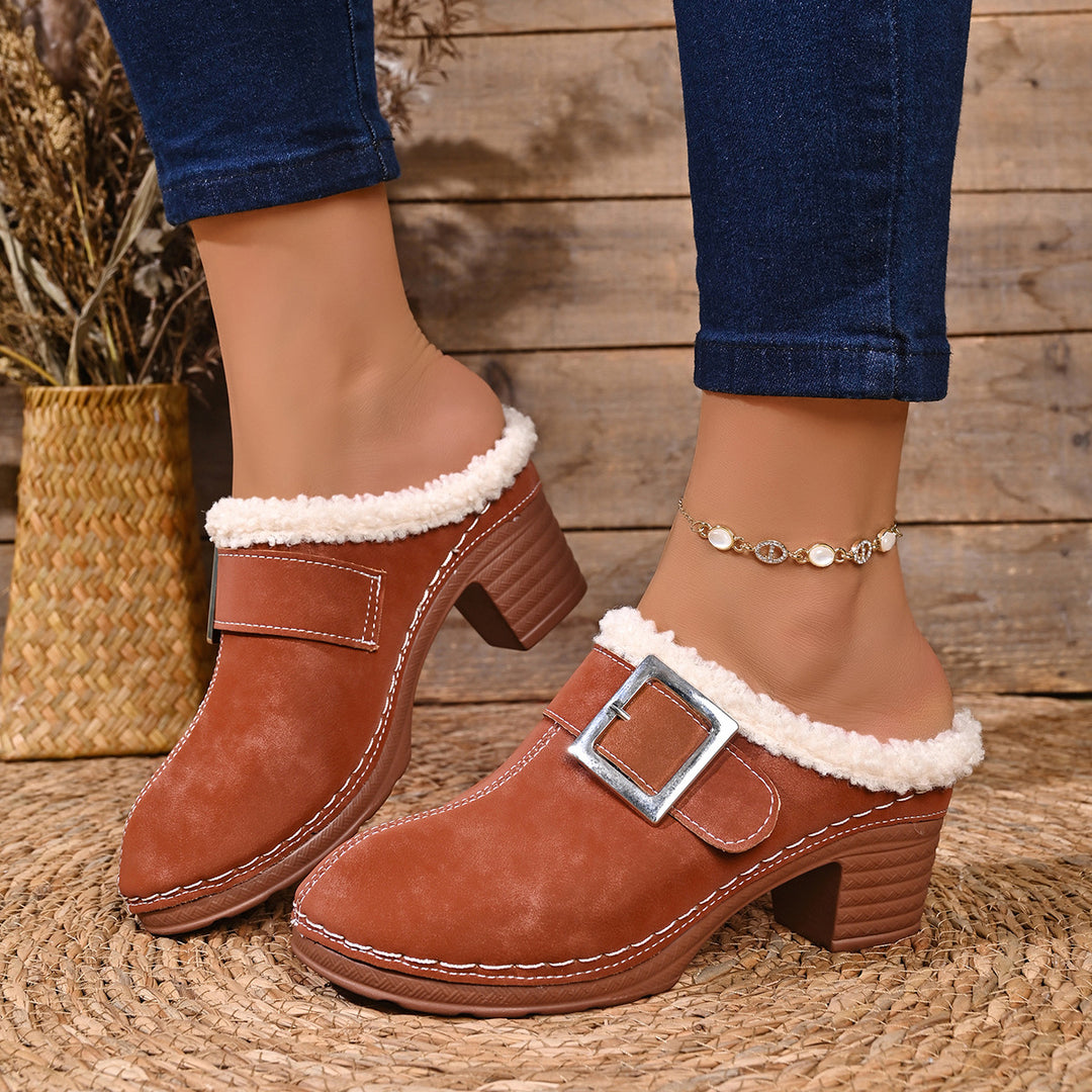 Women's Vintage Plush-Lined Mules – Cozy Slip-On Shoes for Fall & Winter