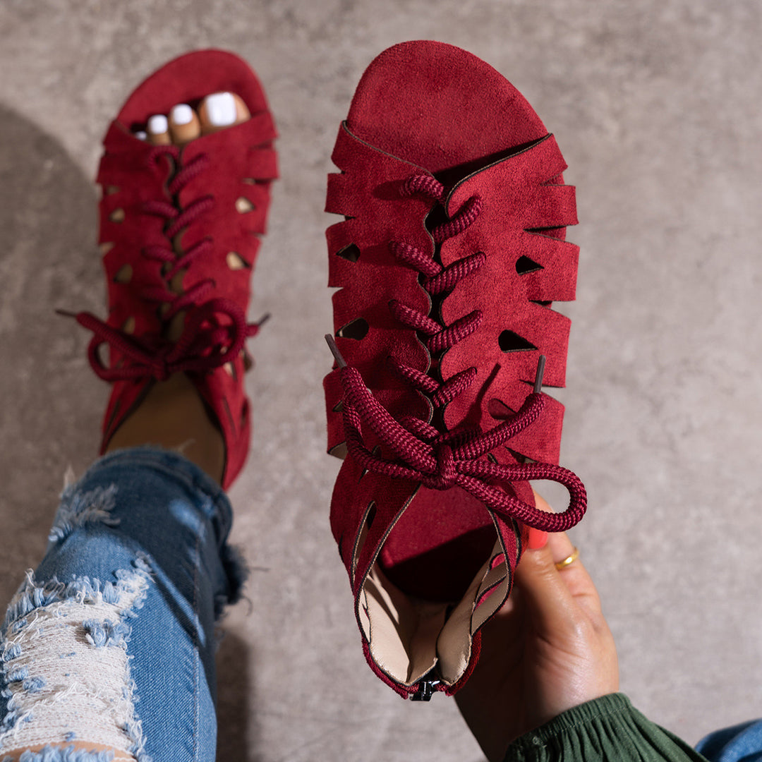 Women's Vintage Cutout Lace-Up Sandals– Breathable Cutout Design with Comfortable Flat Sole