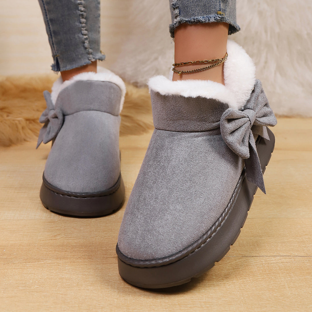 Women's Bow Ankle Boots – Warm Plush-Lined House Shoes for Fall & Winter