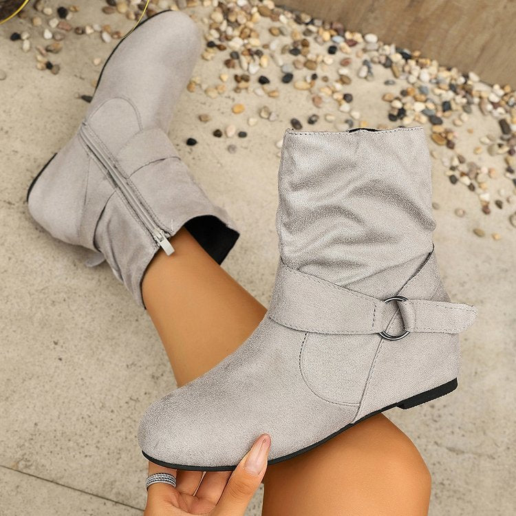 Women's Vintage Suede Ankle Boots – Round-Toe Flat Boots with Buckle Strap & Side Zip