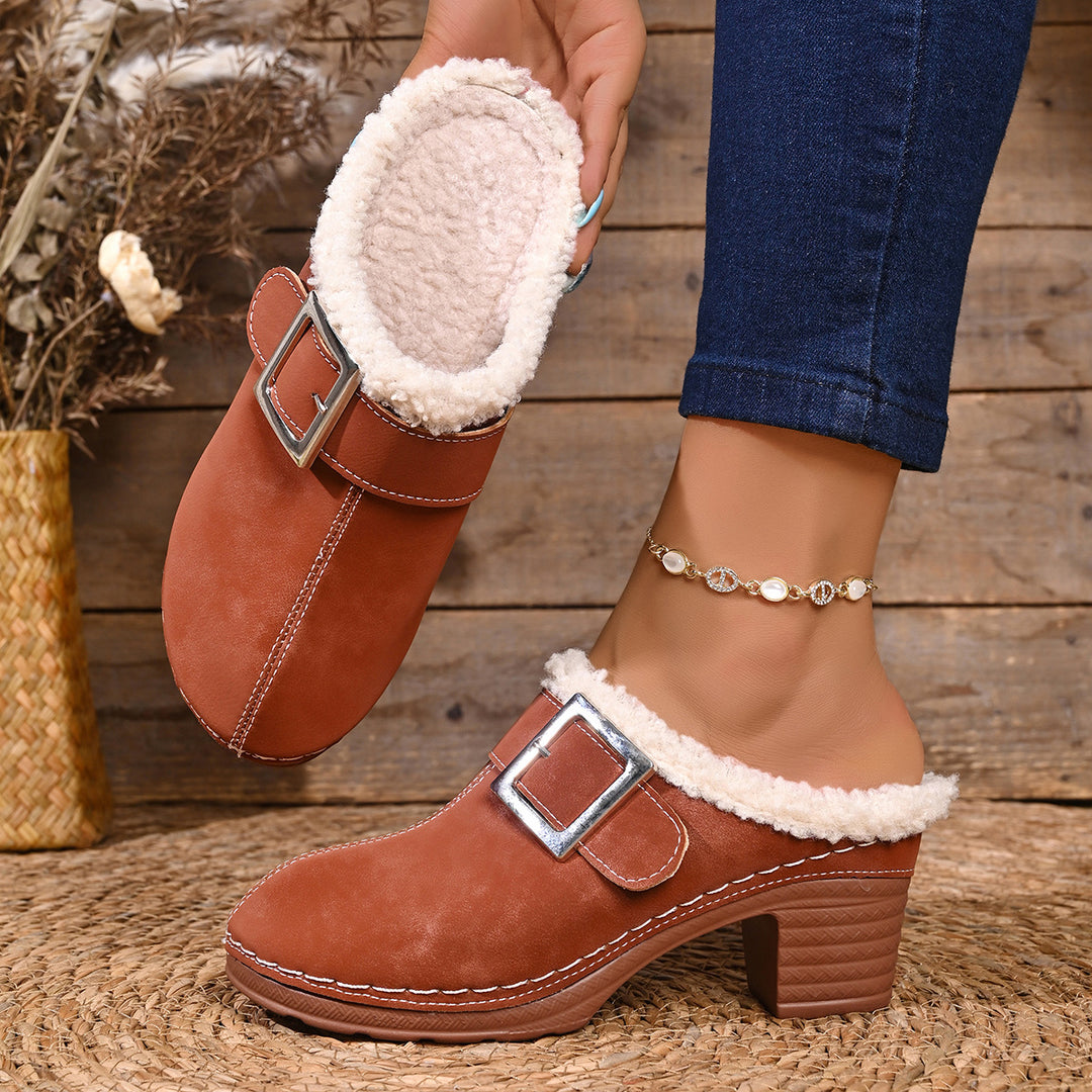 Women's Vintage Plush-Lined Mules – Cozy Slip-On Shoes for Fall & Winter