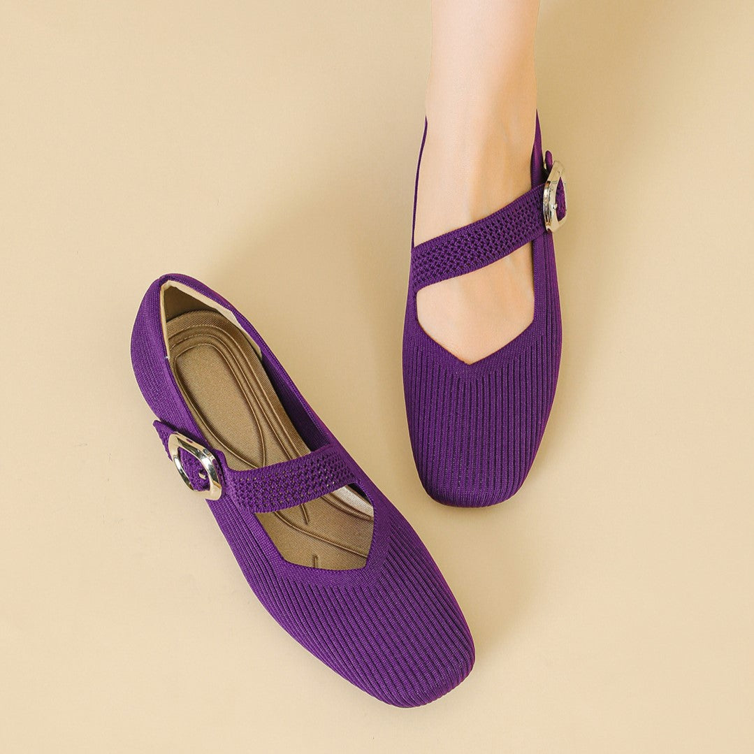 Women's Square-Toe Mary Jane Flats with Knit Upper – Soft, Comfortable Spring & Summer Shoes