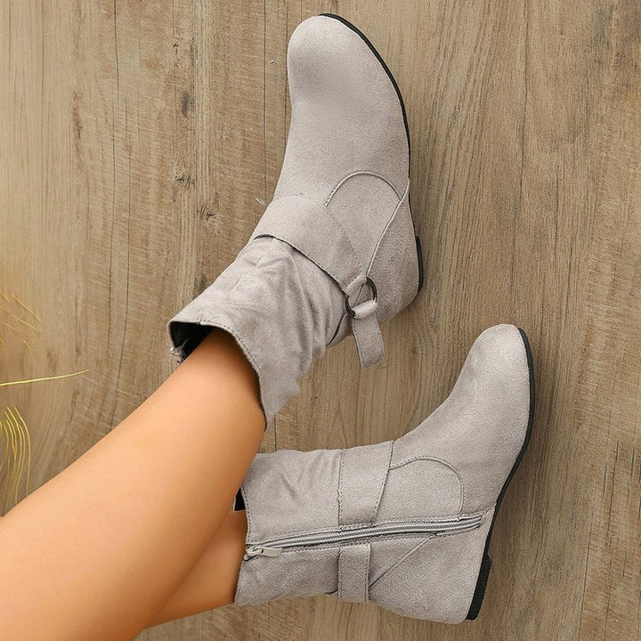 Women's Vintage Suede Ankle Boots – Round-Toe Flat Boots with Buckle Strap & Side Zip