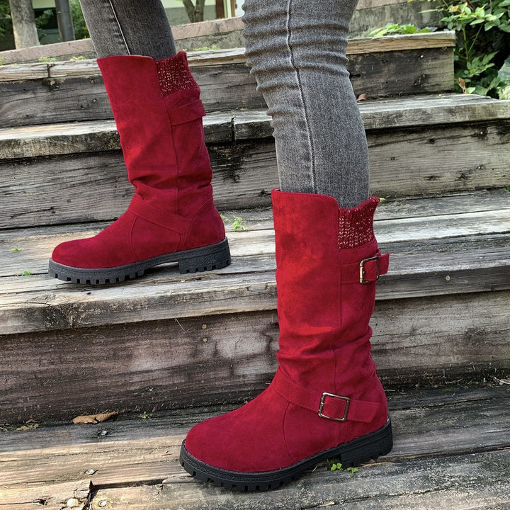 Women's Vintage Western Cowboy Boots – Suede Round-Toe Tall Boots with Block Heel & Buckle Detail