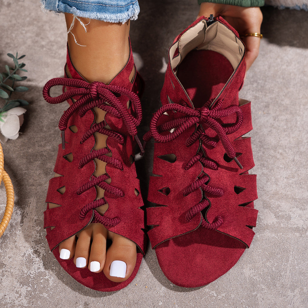 Women's Vintage Cutout Lace-Up Sandals– Breathable Cutout Design with Comfortable Flat Sole