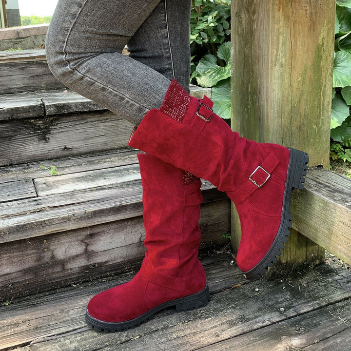 Women's Vintage Western Cowboy Boots – Suede Round-Toe Tall Boots with Block Heel & Buckle Detail