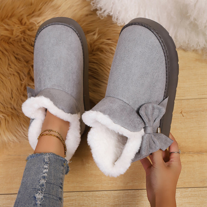 Women's Bow Ankle Boots – Warm Plush-Lined House Shoes for Fall & Winter