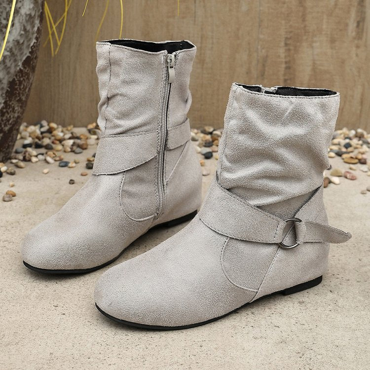 Women's Vintage Suede Ankle Boots – Round-Toe Flat Boots with Buckle Strap & Side Zip