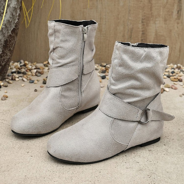 Women's Vintage Suede Ankle Boots – Round-Toe Flat Boots with Buckle Strap & Side Zip