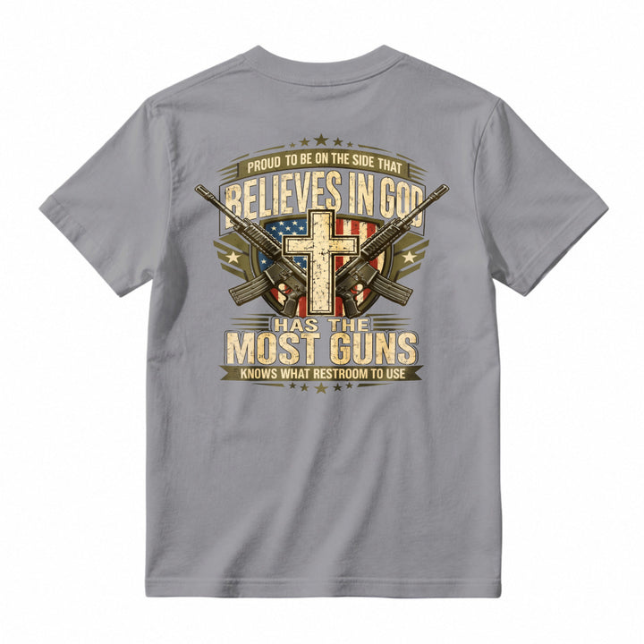 Proud To Be On The Side That Believes In God Has The Most Guns Knows What Restroom To Use American Flag Cross Rifles Graphic T-shirt