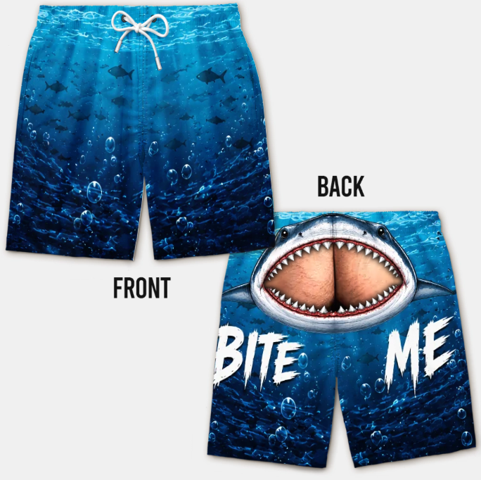 Custom Funny Men Swim Trunks - Personalized Birthday Gifts For Husband, Son, Grandson, Brother, Grandpa, Dad, Yourself - Cheeky Shark Attack