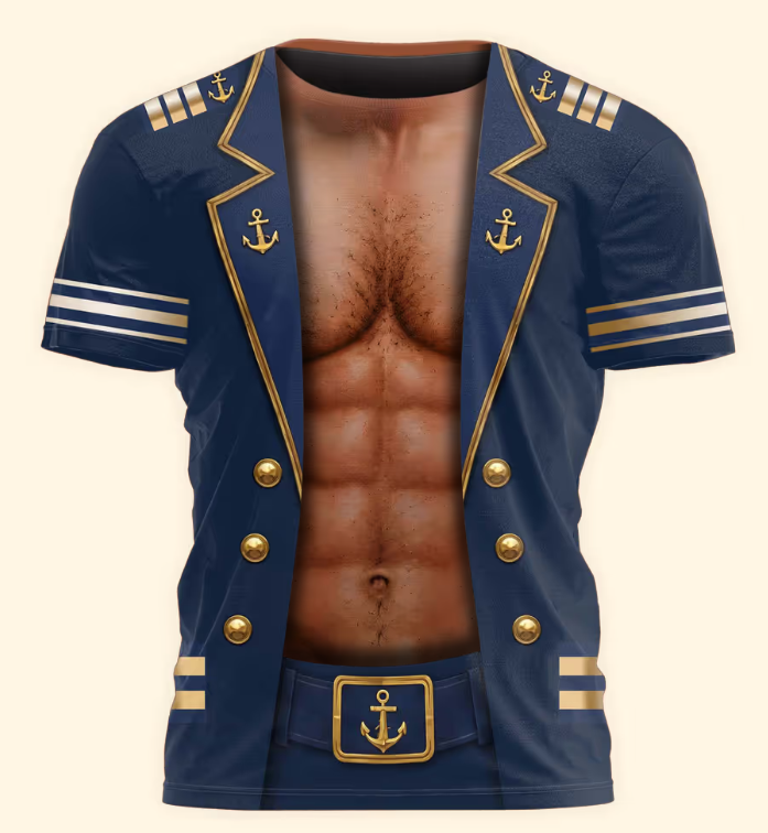 Men’s Funny 3D Captain Summer Party, Birthday, Bachelor Costume, Halloween Cosplay - Personalized Shirt