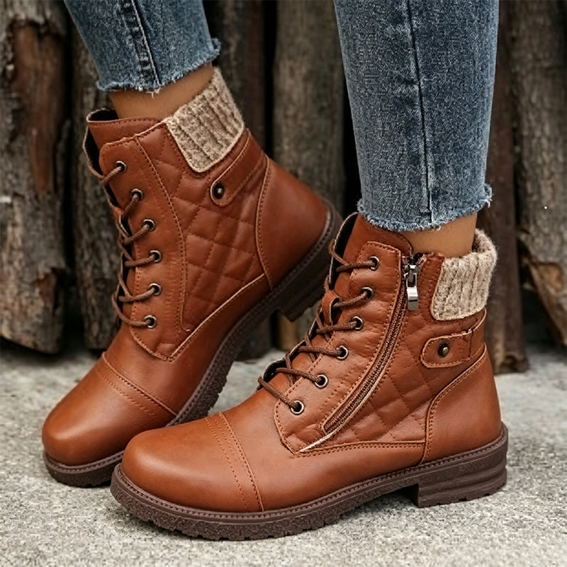 Women's Comfortable Fall & Winter Ankle Boots – Low Heel Lace-Up Boots with Side Zipper & Knit Collar