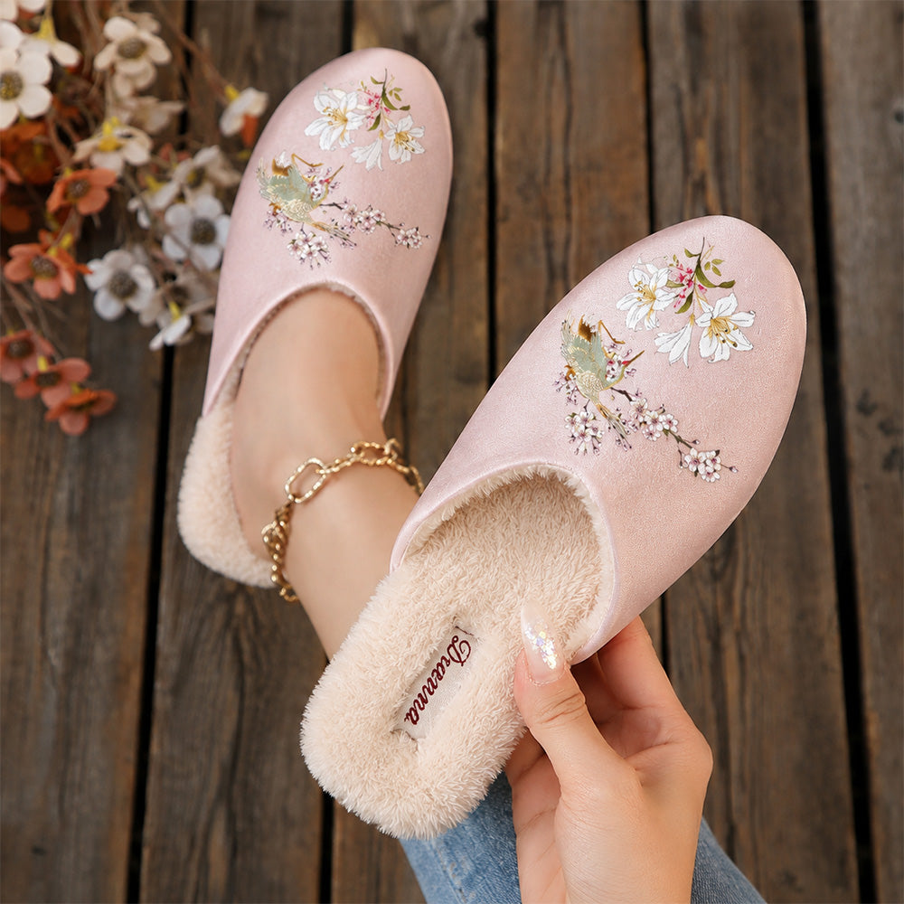 Women's Vintage Floral Slippers – Cozy Plush-Lined House Shoes with Bird & Flower Detail