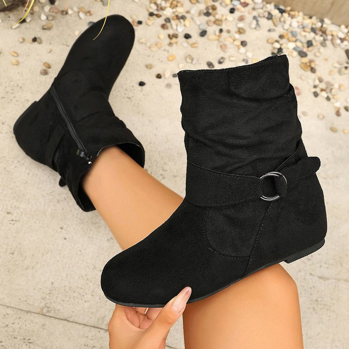 Women's Vintage Suede Ankle Boots – Round-Toe Flat Boots with Buckle Strap & Side Zip