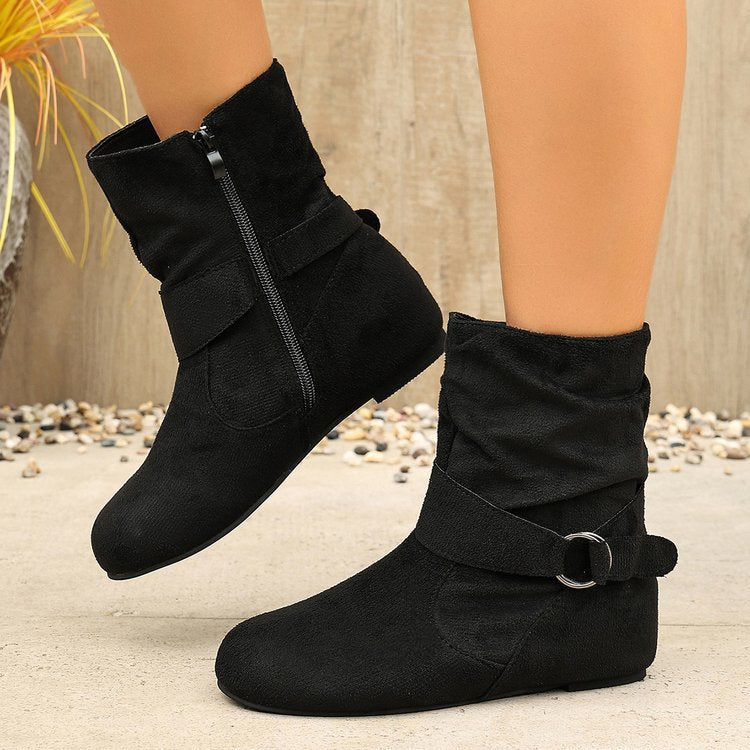Women's Vintage Suede Ankle Boots – Round-Toe Flat Boots with Buckle Strap & Side Zip