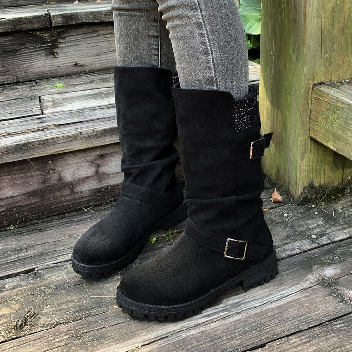 Women's Vintage Western Cowboy Boots – Suede Round-Toe Tall Boots with Block Heel & Buckle Detail