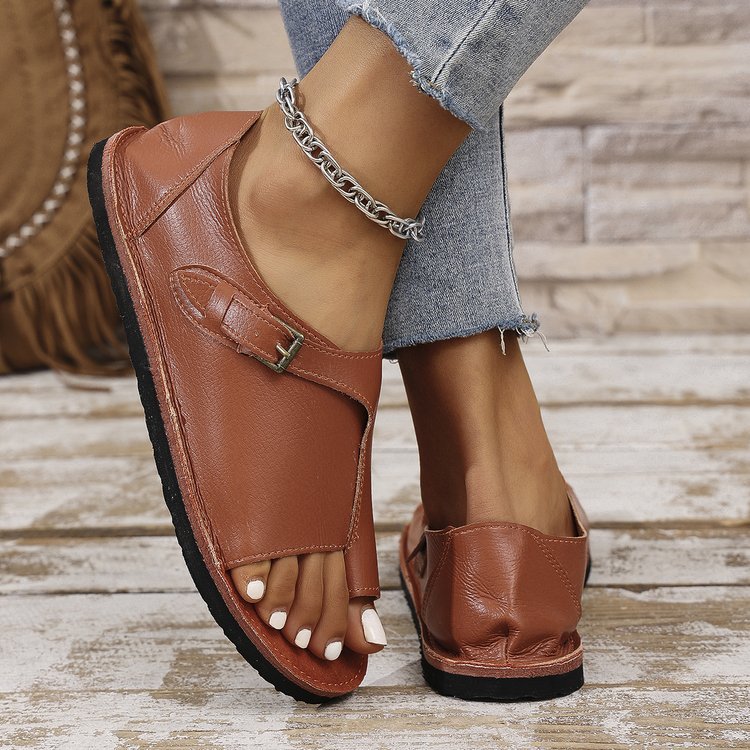 Women's Vintage Peep-Toe Comfort Sandals – Soft Leather Adjustable Summer Shoes