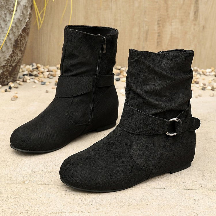 Women's Vintage Suede Ankle Boots – Round-Toe Flat Boots with Buckle Strap & Side Zip