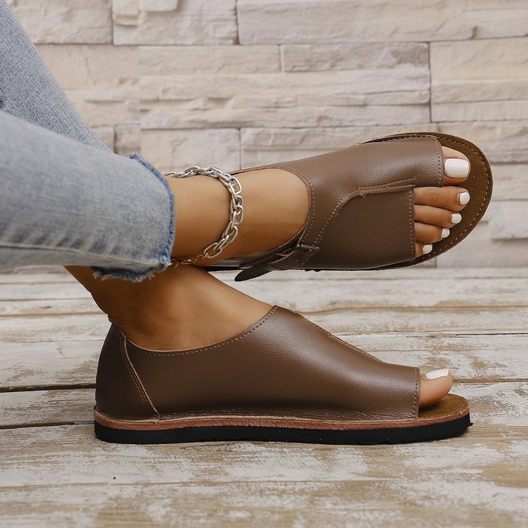 Women's Vintage Peep-Toe Comfort Sandals – Soft Leather Adjustable Summer Shoes