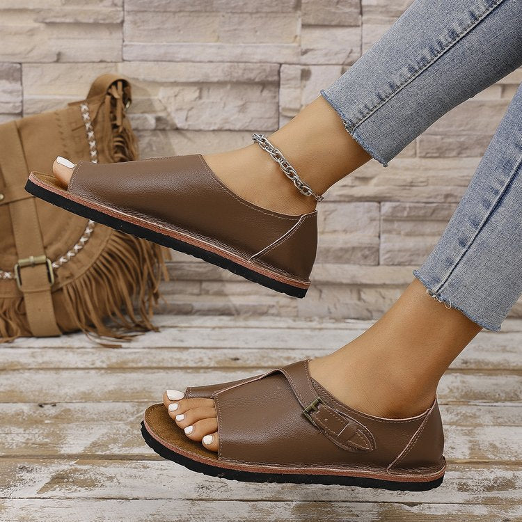 Women's Vintage Peep-Toe Comfort Sandals – Soft Leather Adjustable Summer Shoes