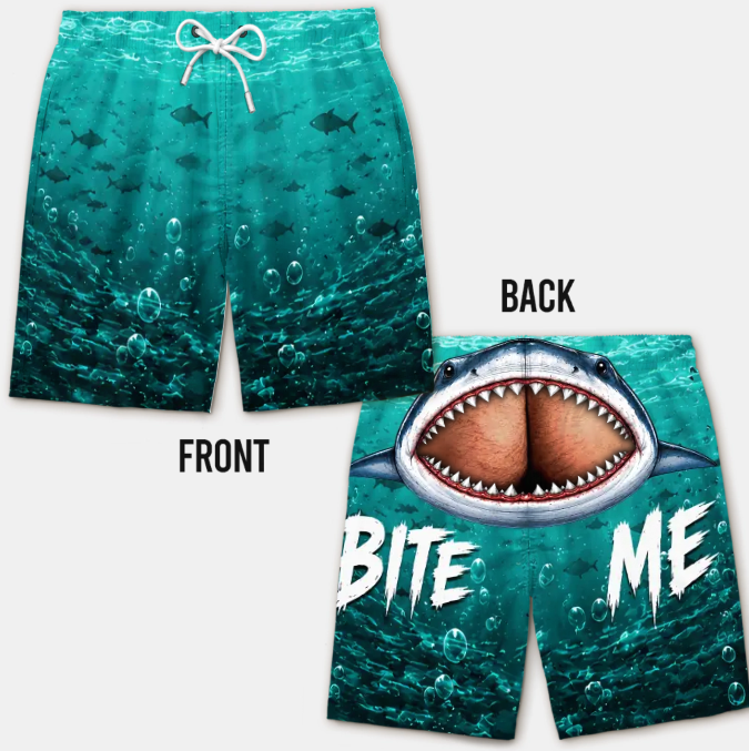 Custom Funny Men Swim Trunks - Personalized Birthday Gifts For Husband, Son, Grandson, Brother, Grandpa, Dad, Yourself - Cheeky Shark Attack