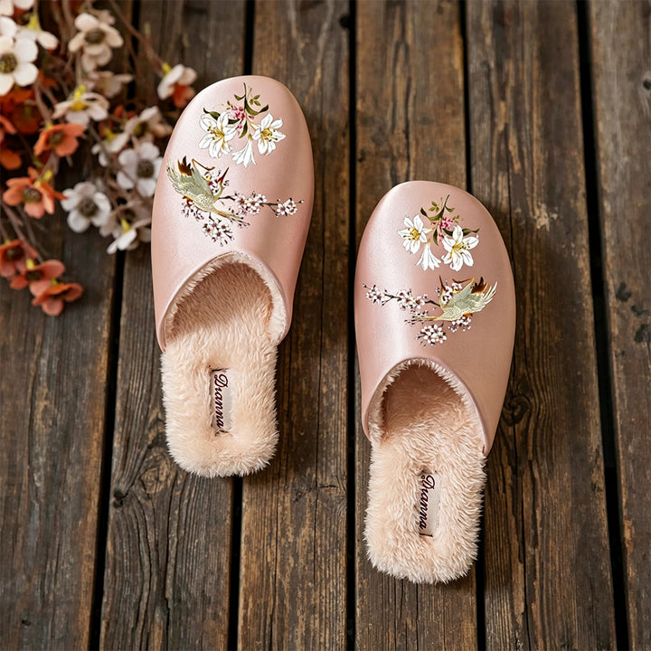 Women's Vintage Floral Slippers – Cozy Plush-Lined House Shoes with Bird & Flower Detail