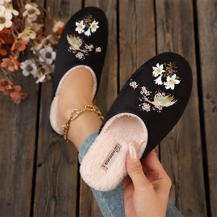 Women's Vintage Floral Slippers – Cozy Plush-Lined House Shoes with Bird & Flower Detail