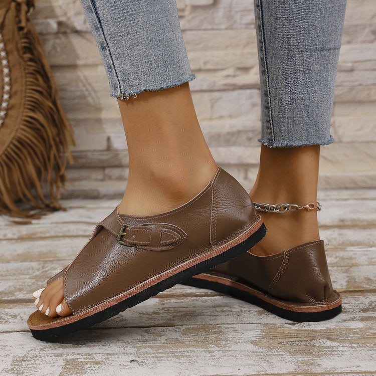 Women's Vintage Peep-Toe Comfort Sandals – Soft Leather Adjustable Summer Shoes