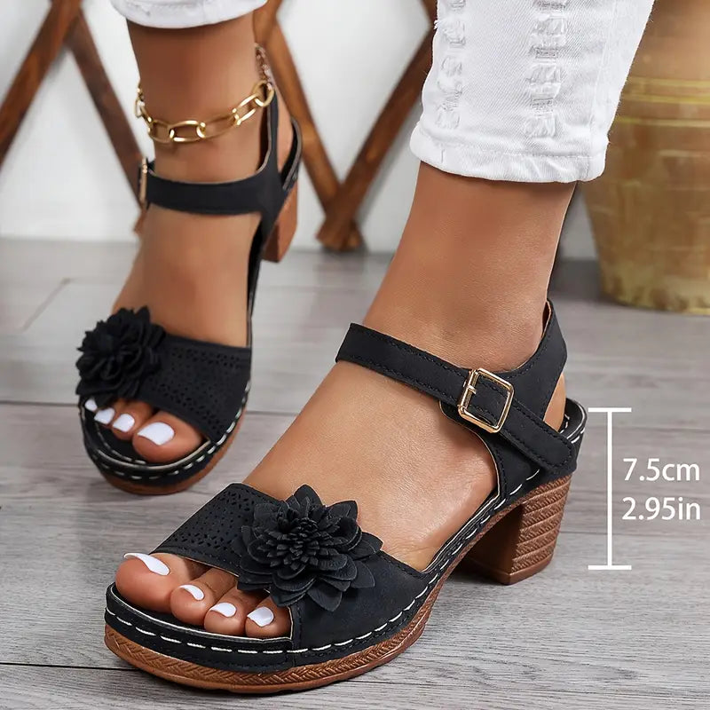 Women's Comfortable Wedge Sandals – Floral Cutout, Peep Toe, Secure Ankle Strap