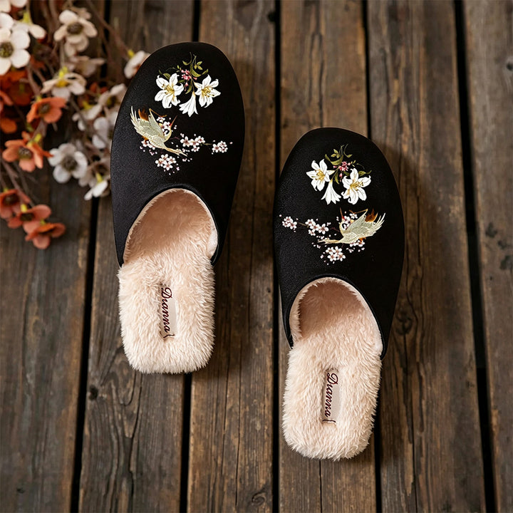 Women's Vintage Floral Slippers – Cozy Plush-Lined House Shoes with Bird & Flower Detail
