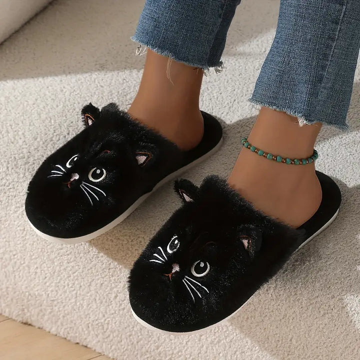 Women's Warm Cat Slippers – Plush Indoor House Shoes with Non-Slip Sole & Cozy Lining
