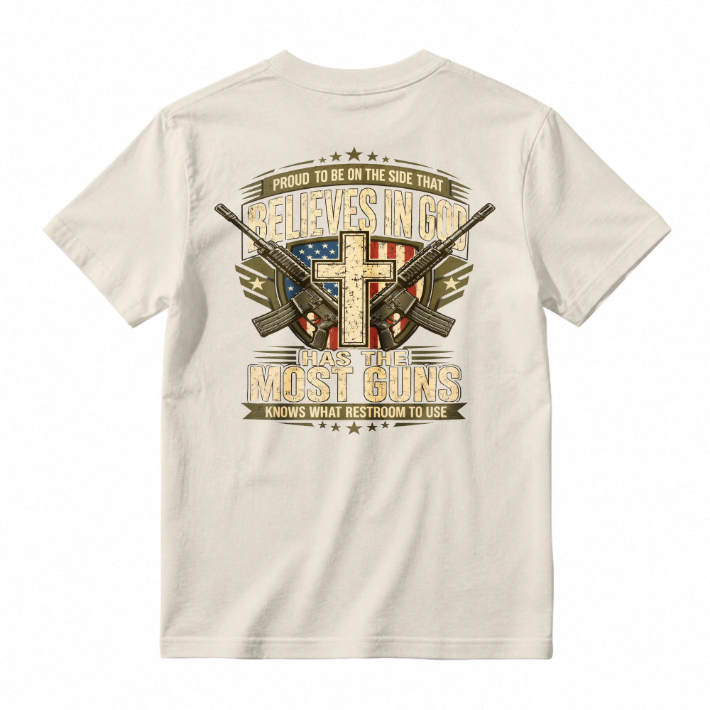 Proud To Be On The Side That Believes In God Has The Most Guns Knows What Restroom To Use American Flag Cross Rifles Graphic T-shirt
