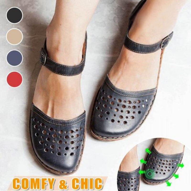 Women's Round Toe Hollow-out Leather Sandals