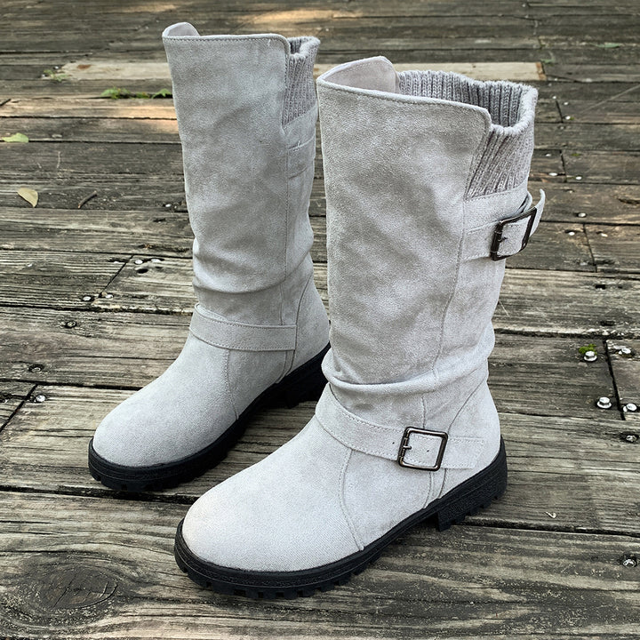 Women's Vintage Western Cowboy Boots – Suede Round-Toe Tall Boots with Block Heel & Buckle Detail