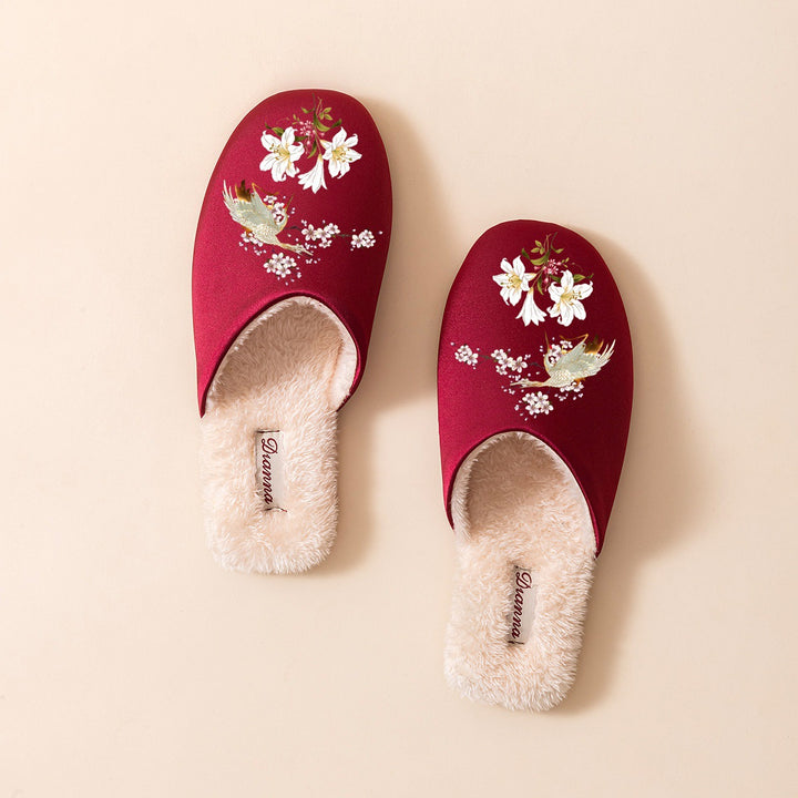 Women's Warm Floral Slippers – Plush-Lined Non-Slip House Shoes with Bird & Floral