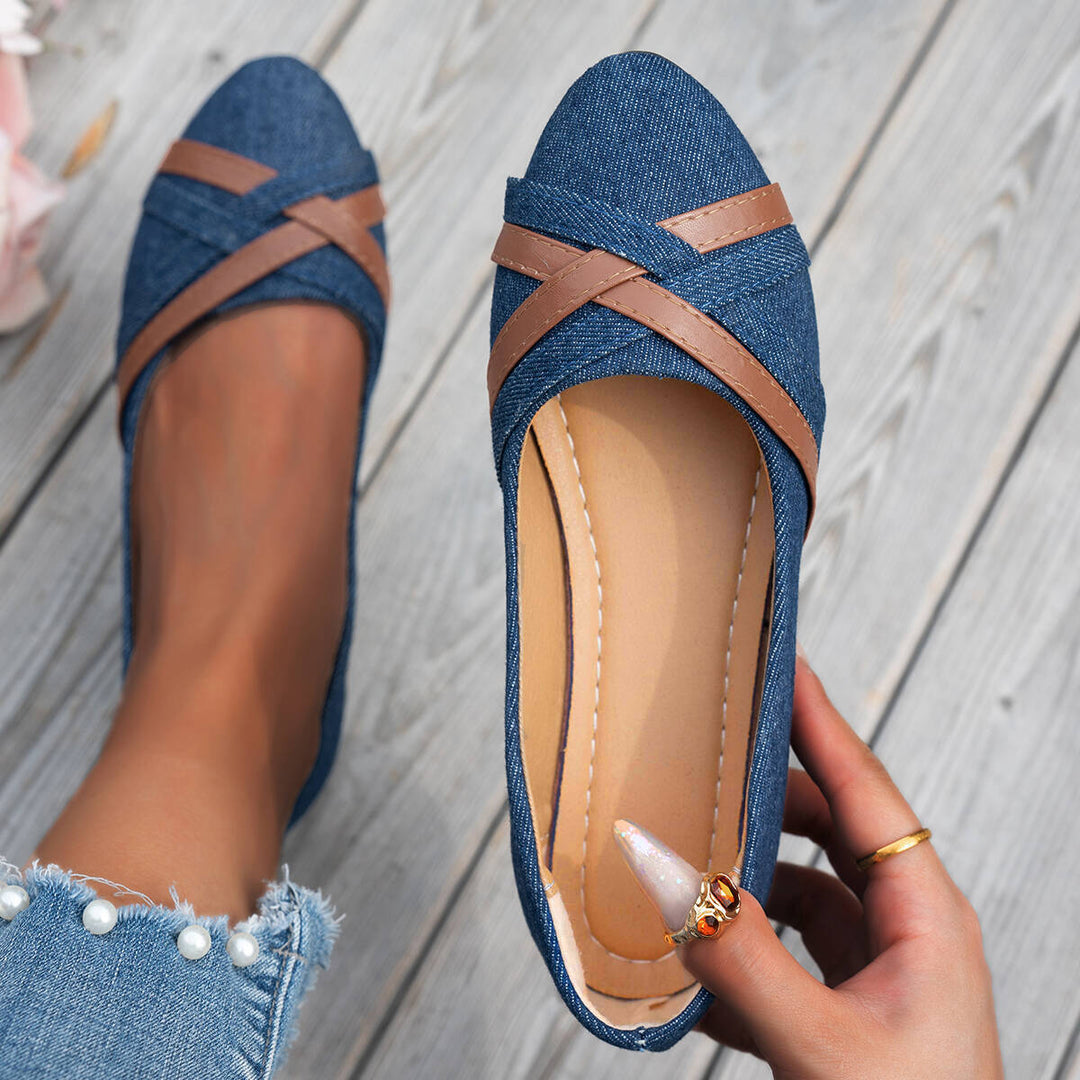 Women's Denim Cross Strap Flats – Comfortable Casual Slip-On Shoes