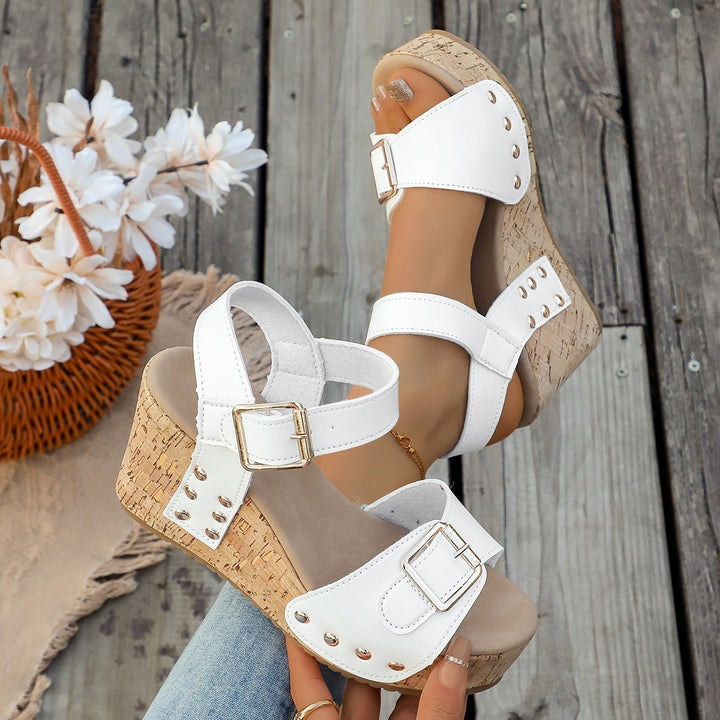 Women's Studded Peep-Toe Wedge Sandals – Elegant Comfort with Adjustable Buckle Strap